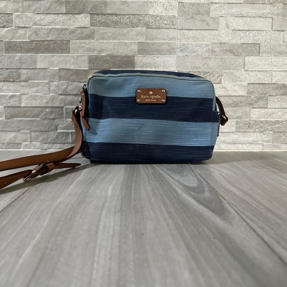 Kate Spade Denim Stripe Crossbody Camera Bag- leather Strap- Blue Brown Gold - Picture 2 of 11